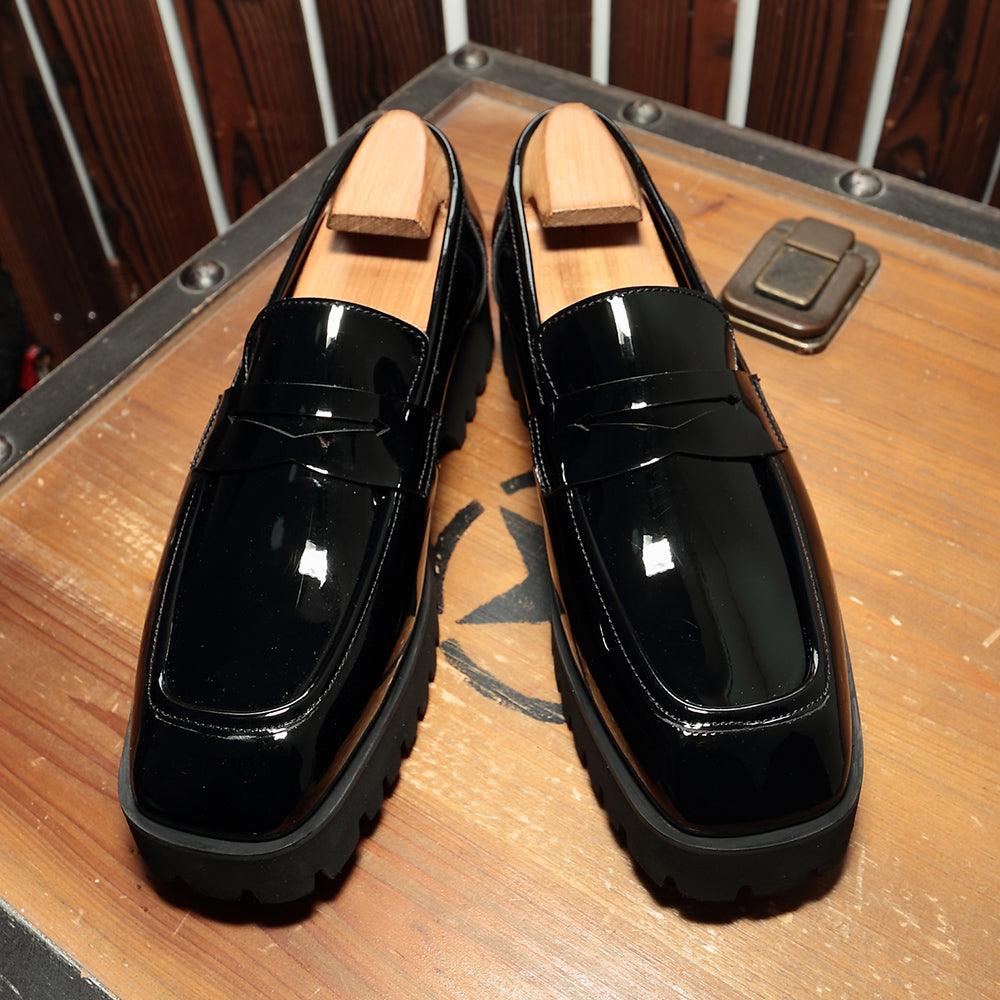 Slip-on Square-toed Black Patent Leather Men's Trendy Shoes - MRSLM