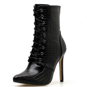 snake print lace-up pointed-toe women's boots, view 2 - MRSLM