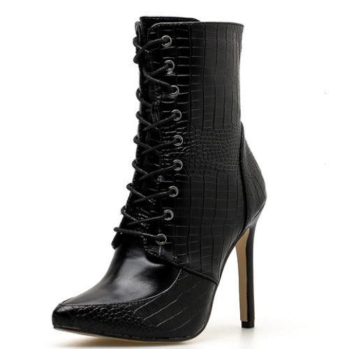 snake print lace-up pointed-toe women's boots, view 2 - MRSLM