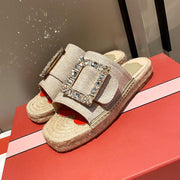 women's rhinestone buckle hemp rope slippers - MRSLM
