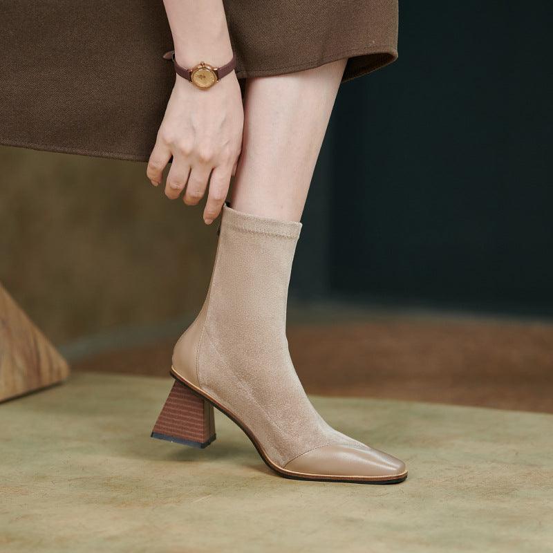 fashion simple women's thick heel pointed toe short boots, view 4 - MRSLM