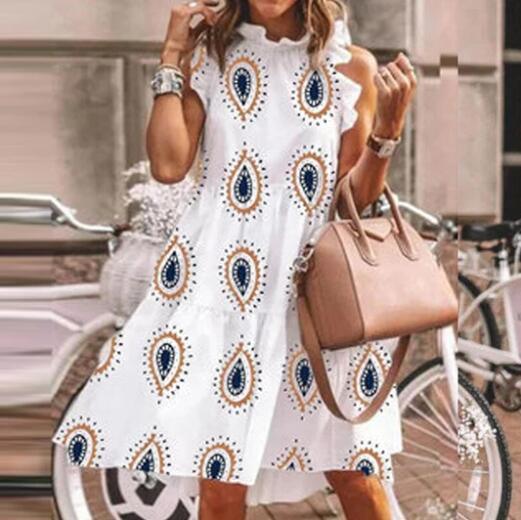 Women's printed round neck dress, view 3 - MRSLM