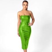 Slim PU leather tube dress with rear slit, view 3 - MRSLM