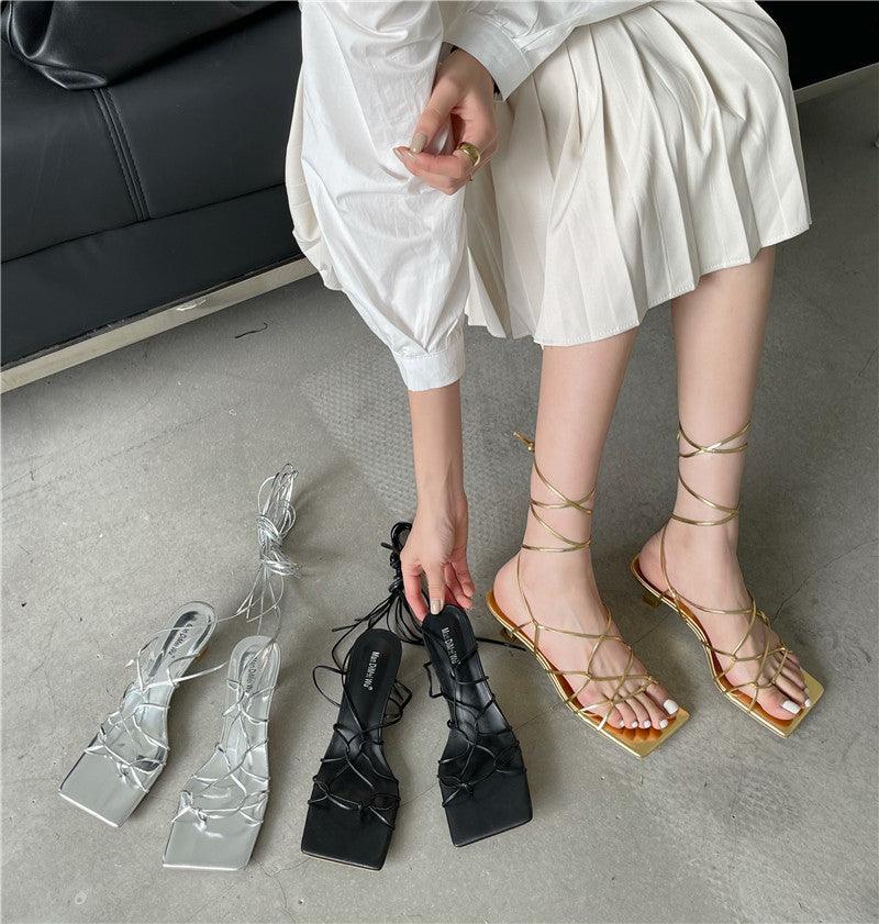 Square toe woven lace-up back sandals - MRSLM